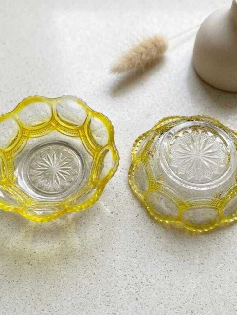 Yellow Ring Dish glass bowl set, cottagecore decor, small bedside catchall